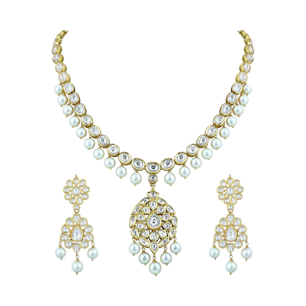 Linear Polki Necklace with Pendant and Pearl Drop